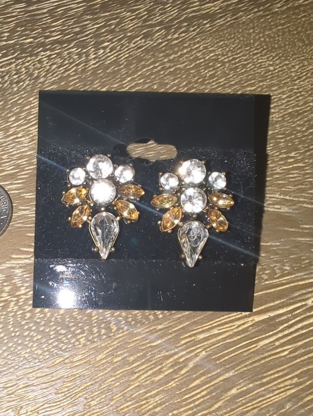 Crystal and Amber Cluster Drop Earrings - Gold Tone